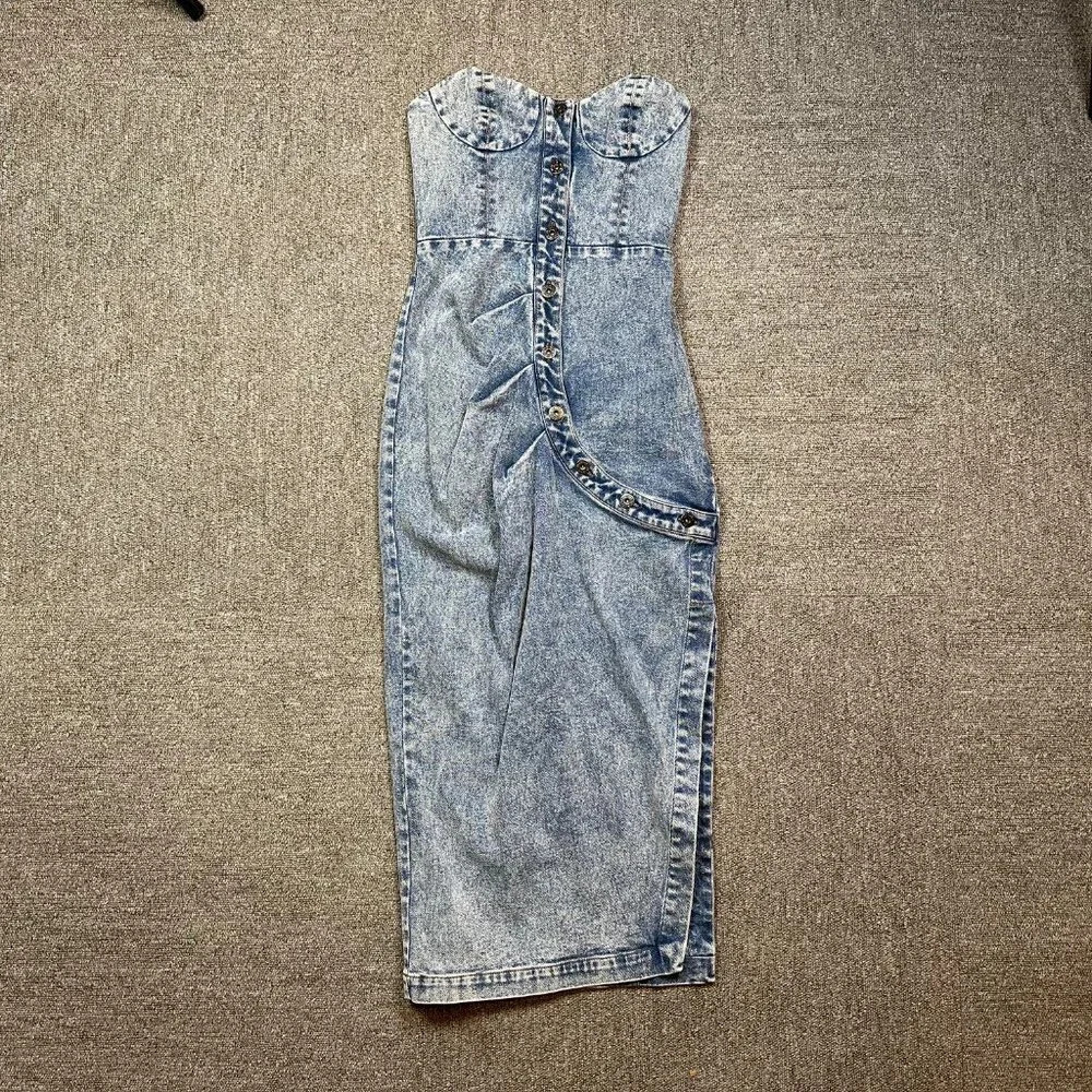 Misha Penina Revolve Strapless Midi Pencil Dress in Denim Blue Size US 2 - Picture 2 of 9